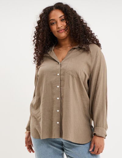 Chemise oversize lin m&eacute;lang&eacute; vert kaki femme grande taille