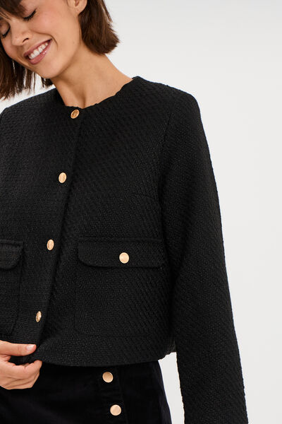 Veste droite boutonn&eacute;e tweed&eacute;&eacute; noir femme