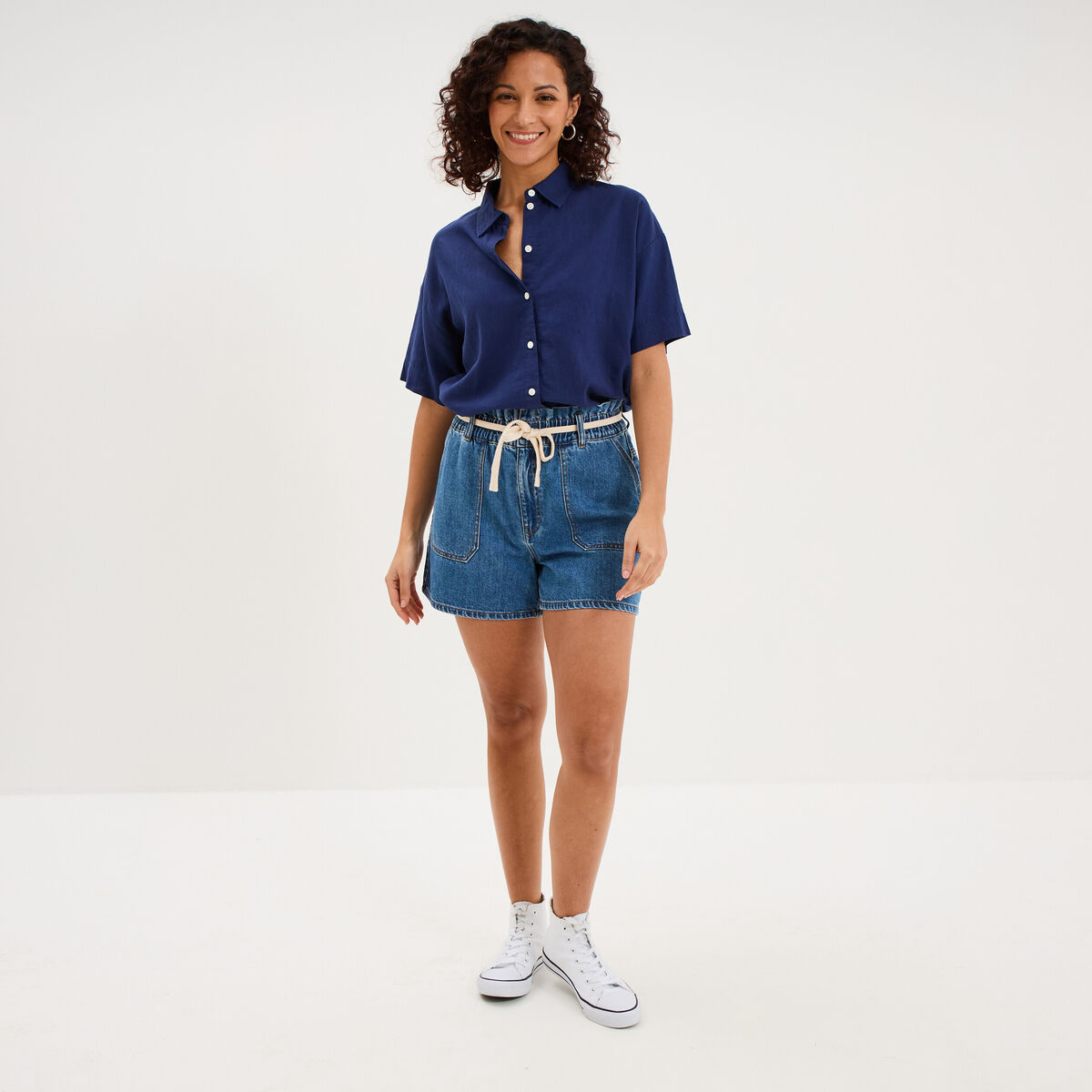 Short mom en jean ceinture cordon denim stone femme