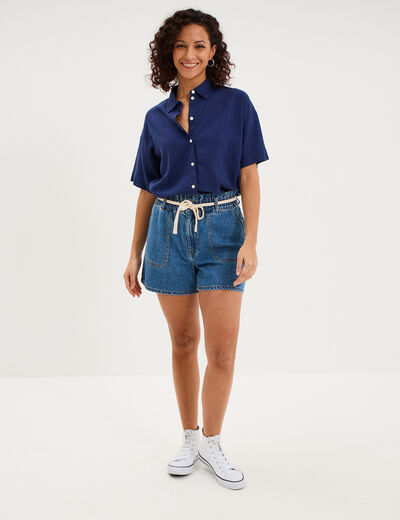 Short mom en jean ceinture cordon denim stone femme