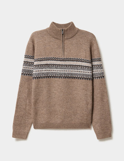 Pull camionneur jacquard manches longues taupe homme