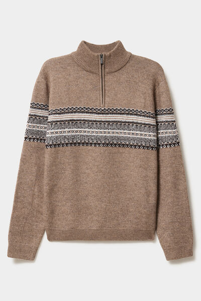 Pull camionneur jacquard manches longues taupe homme