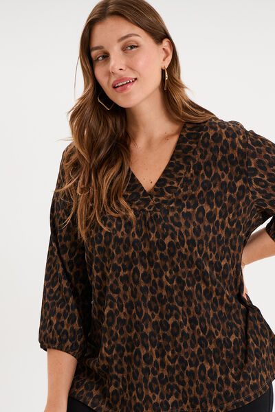 Blouse oversize manches 3/4 et col en V vert kaki femme grande taille