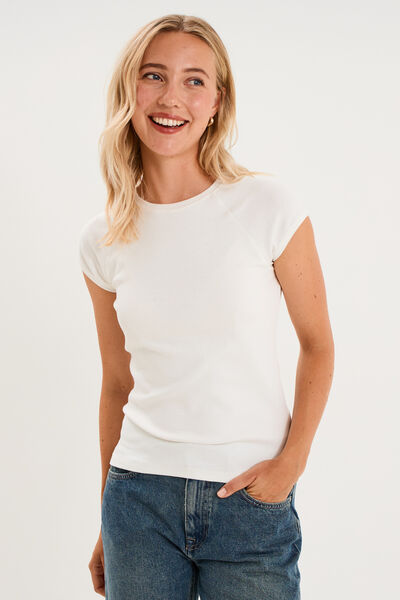 T-shirt ajust&eacute; col rond manches courtes blanc femme