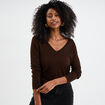 Pull col en V manches longues marron foncé femme