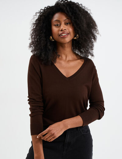 Pull col en V manches longues marron foncé femme