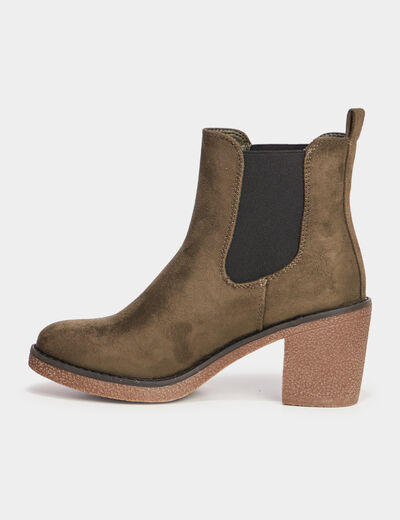 Bottines chelsea &agrave; talons aspect su&eacute;dine vert kaki femme