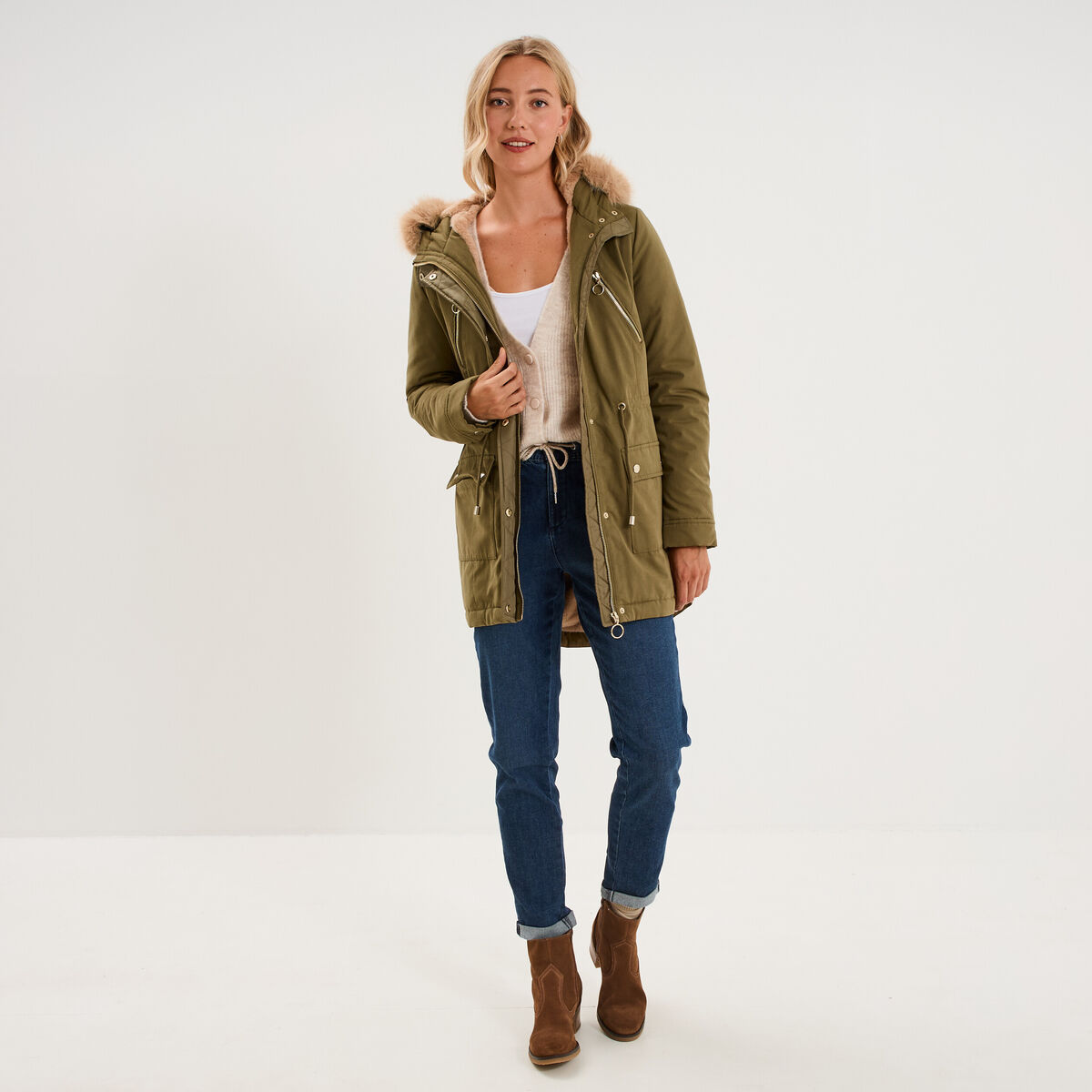 Parka cintr&eacute;e capuche fausse fourrure vert kaki femme