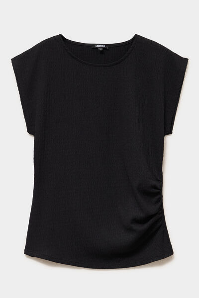 T-shirt fronc&eacute; gaufr&eacute; manches courtes noir femme