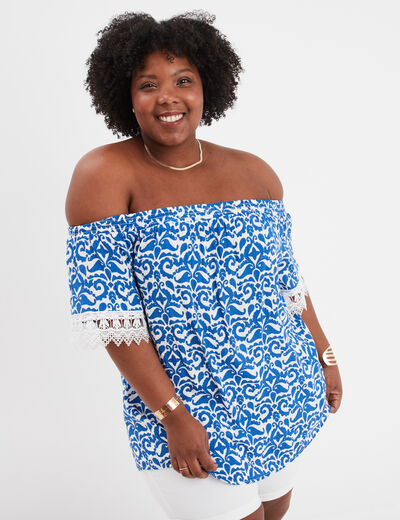 Blouse col bardot manches à dentelle ecru femme grande taille