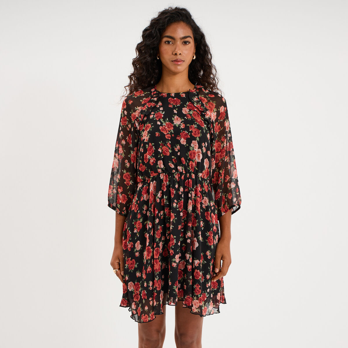 Robe fluide courte manches 3/4 noir femme