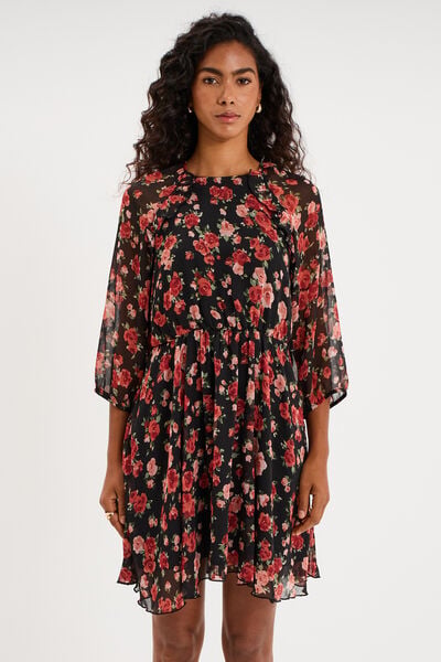Robe fluide courte manches 3/4 noir femme