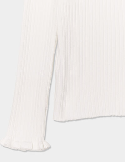 Pull côtelé ajusté manches longues ivoire fille