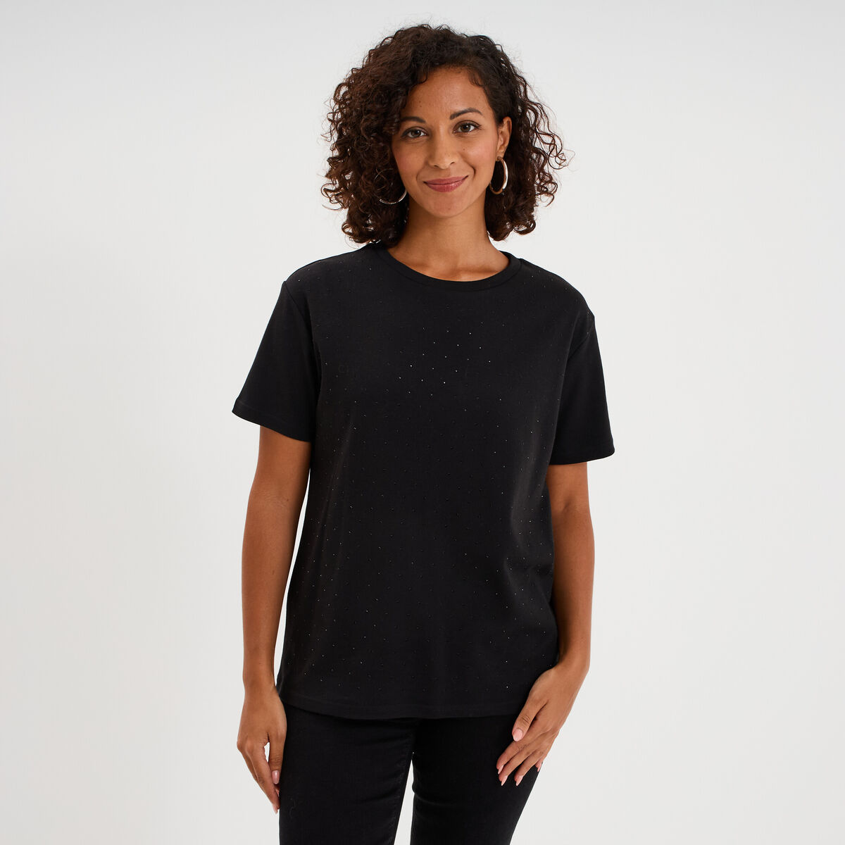 T-shirt &agrave; strass manches courtes coton noir femme