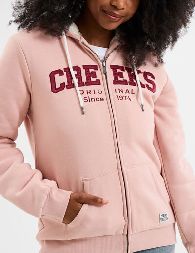 Sweat &agrave; capuche doublure effet sherpa rose poudr&eacute;e femme