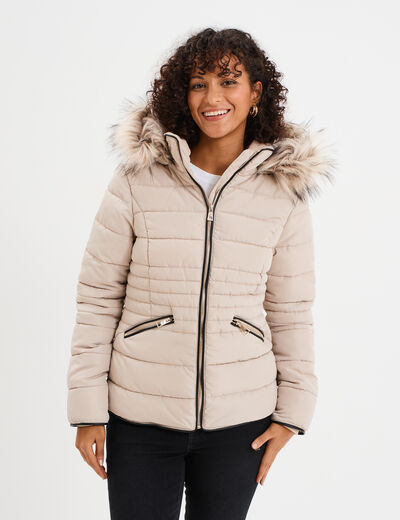 Doudoune courte cintrée à capuche beige femme