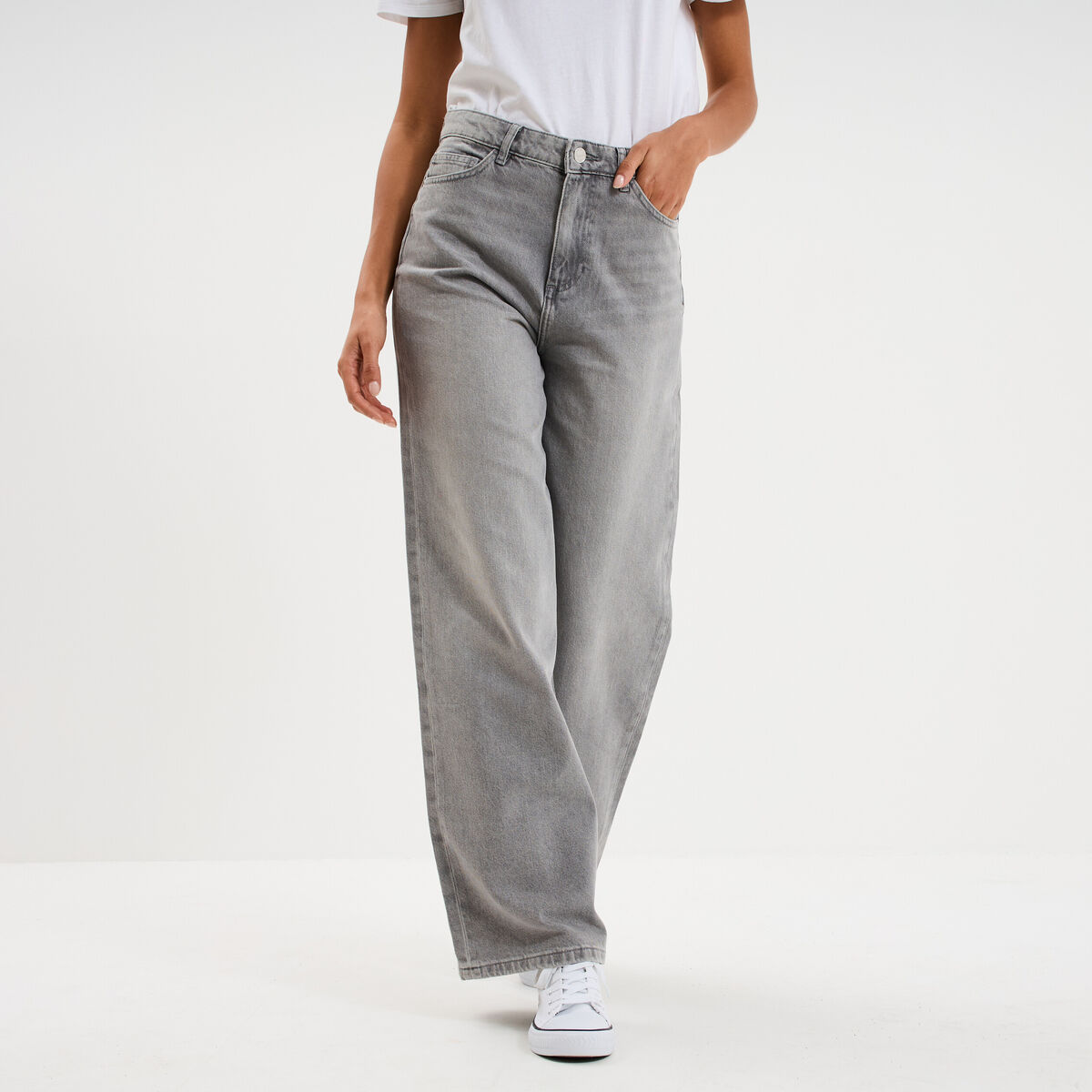 Jean large taille haute coton denim gris femme