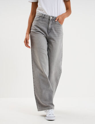 Jean large taille haute coton denim gris femme