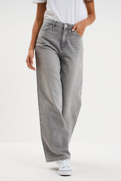 Jean large taille haute coton denim gris femme