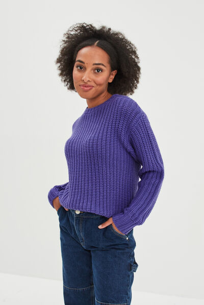 Pull côtelé col rond manches longues violet femme