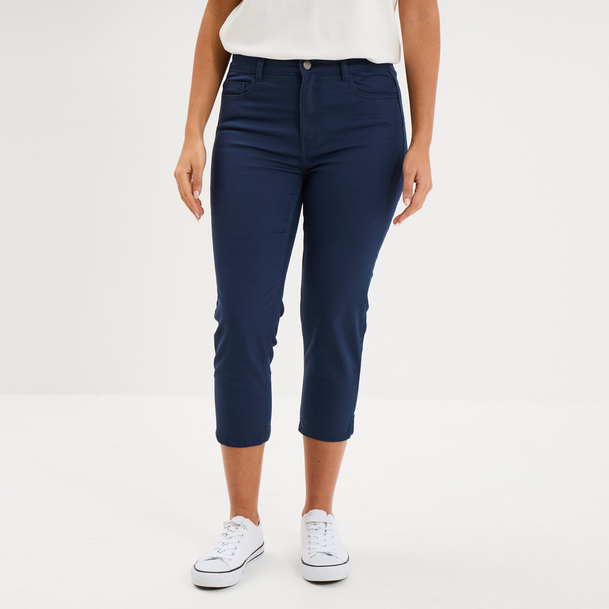 Pantalon capri slim twill 5 poches bleu marine femme