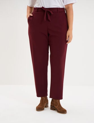 Pantalon cigarette ceintur&eacute; effet cr&ecirc;pe violet fonc&eacute; femme grande taille