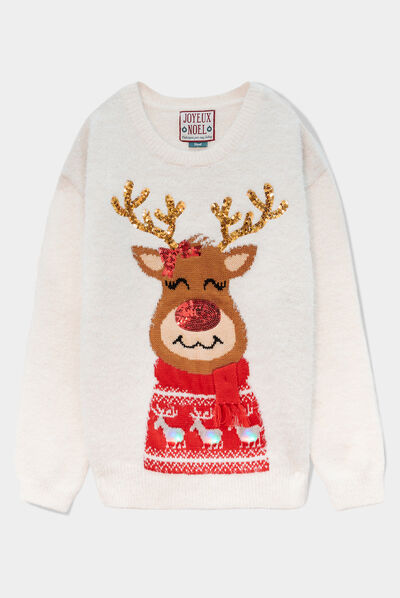 Pull de Noël avec sequins et franges ivoire femme