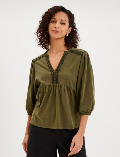Blouse col tunisien brod&eacute; coton vert kaki femme