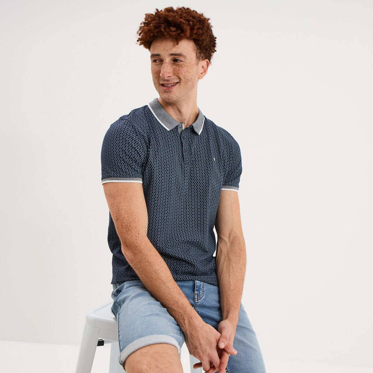 Polo slim manches courtes stretch bleu marine homme