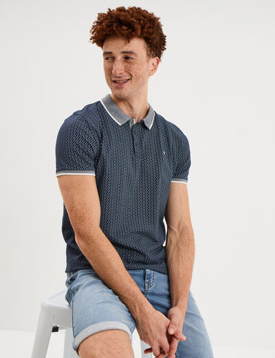 Polo slim manches courtes stretch bleu marine homme