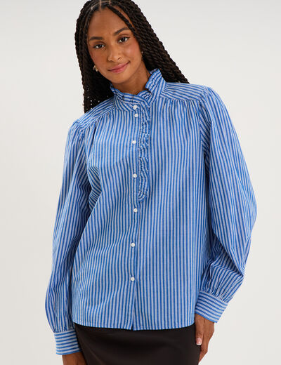 Blouse manches longues col montant bleu femme