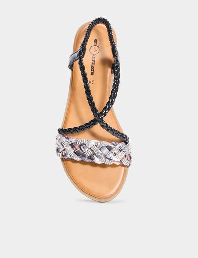 Sandales d&eacute;tails foulard tress&eacute;s noir femme
