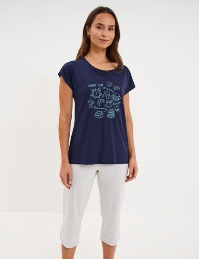 Ensemble pyjama corsaire et t-shirt bleu marine femme