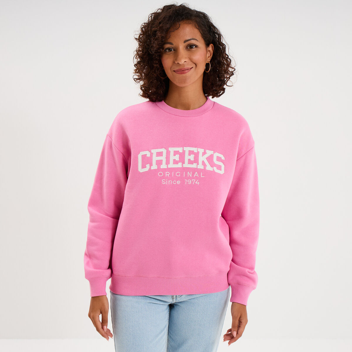 Sweat molleton col rond manches longues rose vif femme
