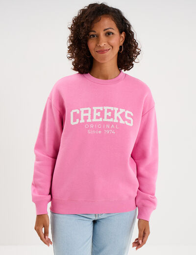 Sweat molleton col rond manches longues rose vif femme