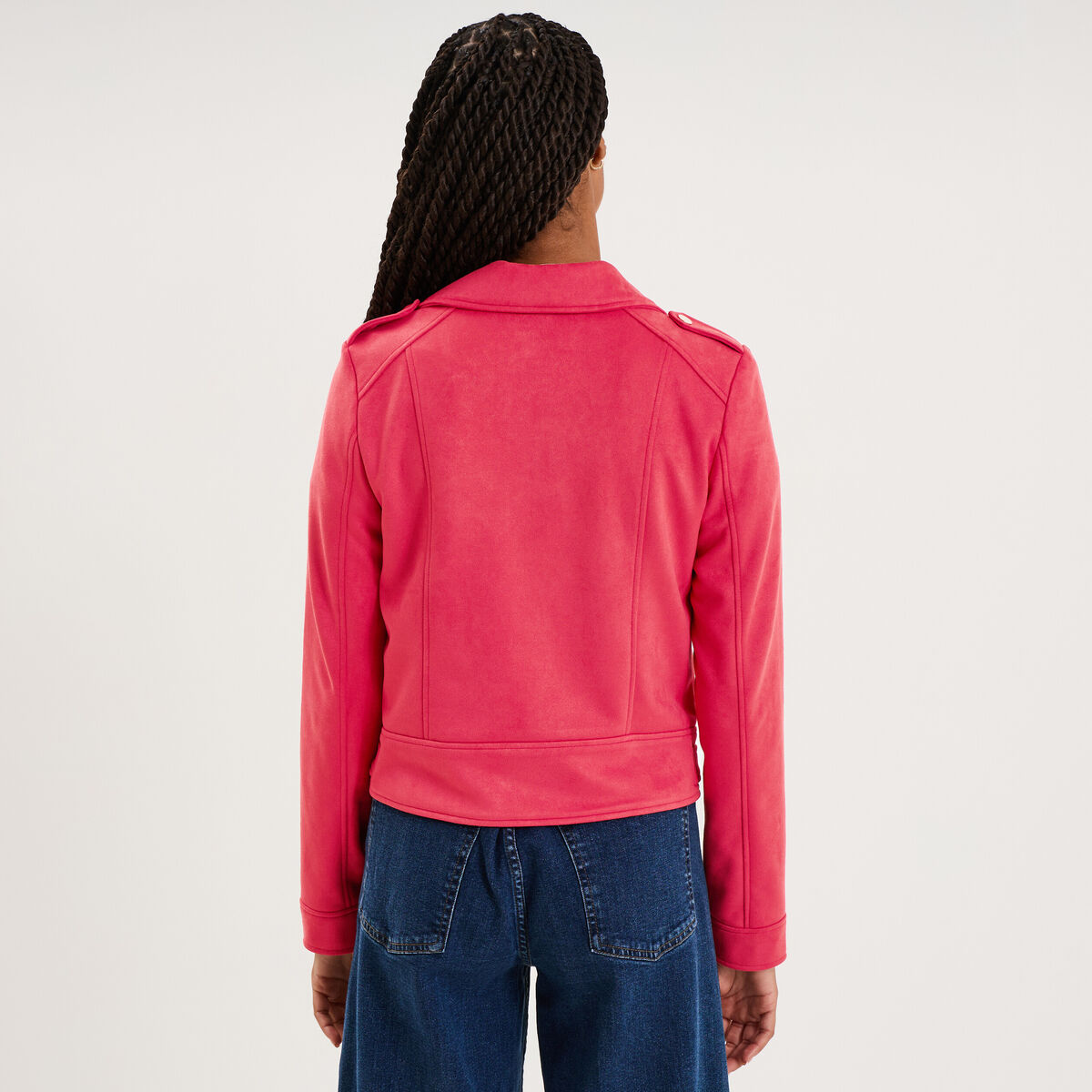 Veste biker en su&eacute;dine ajust&eacute;e rose cerise femme