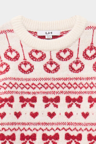 Pull manches longues col rond jacquard ecru fille