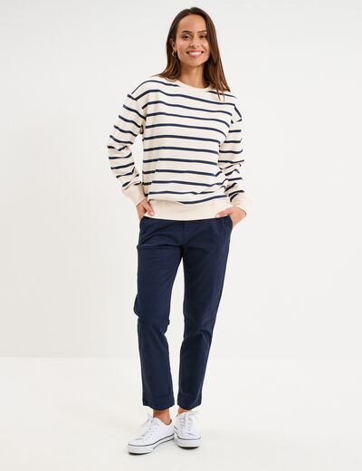 Pantalon chino 7/8&egrave;me ceinture tress&eacute;e bleu marine femme