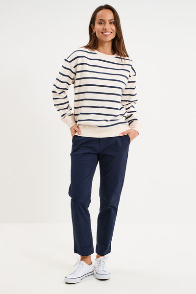 Pantalon chino 7/8&egrave;me ceinture tress&eacute;e bleu marine femme
