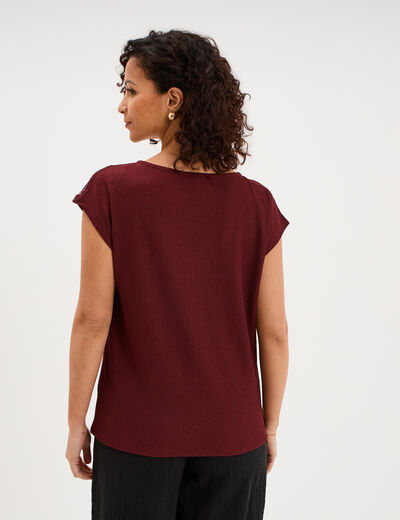 T-shirt col en V manches courtes bordeaux femme