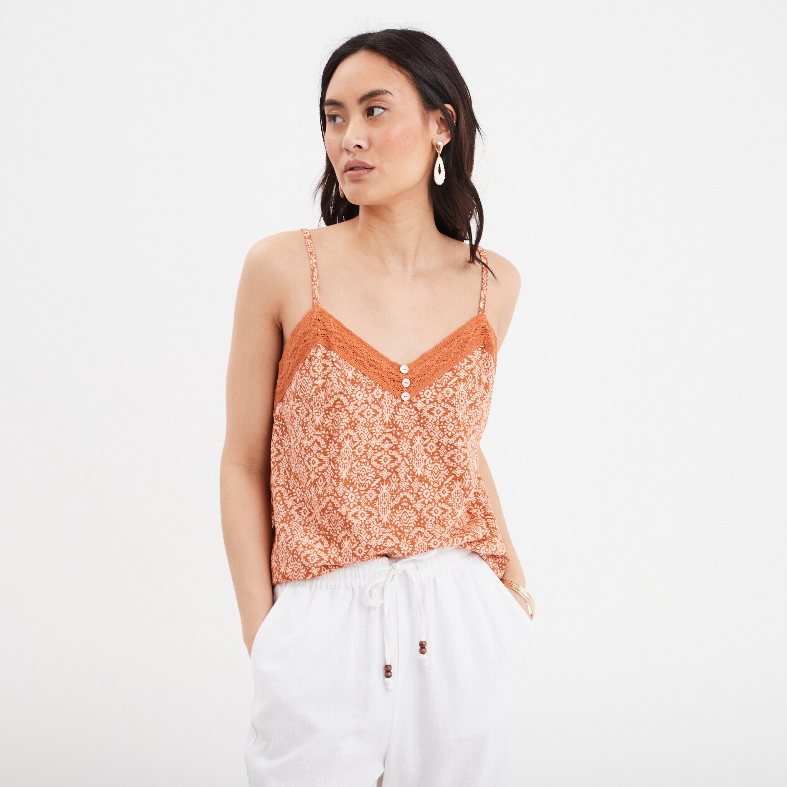 Débardeur bandes macramé au col marron cognac femme LH