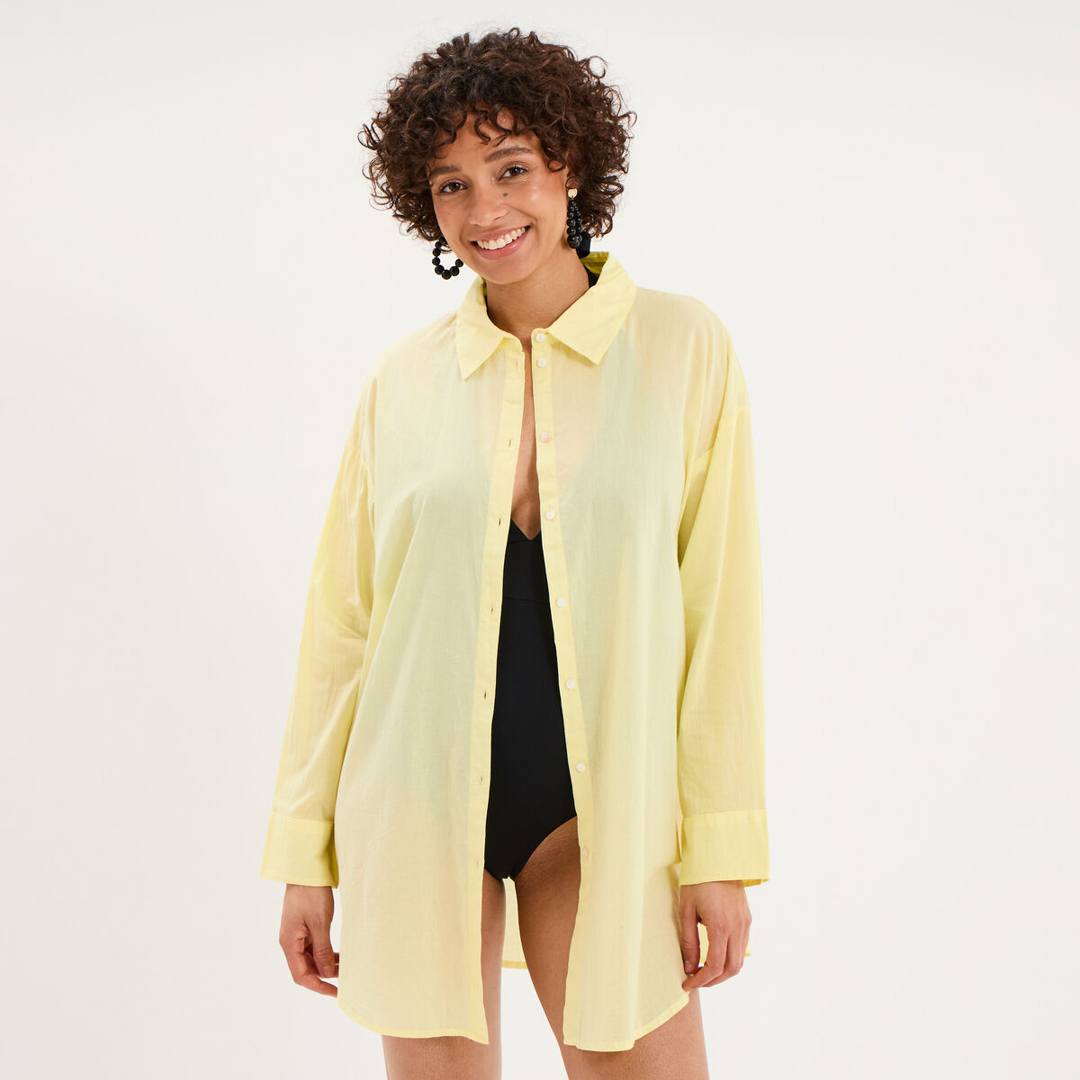 Robe chemise de plage voile de coton jaune femme