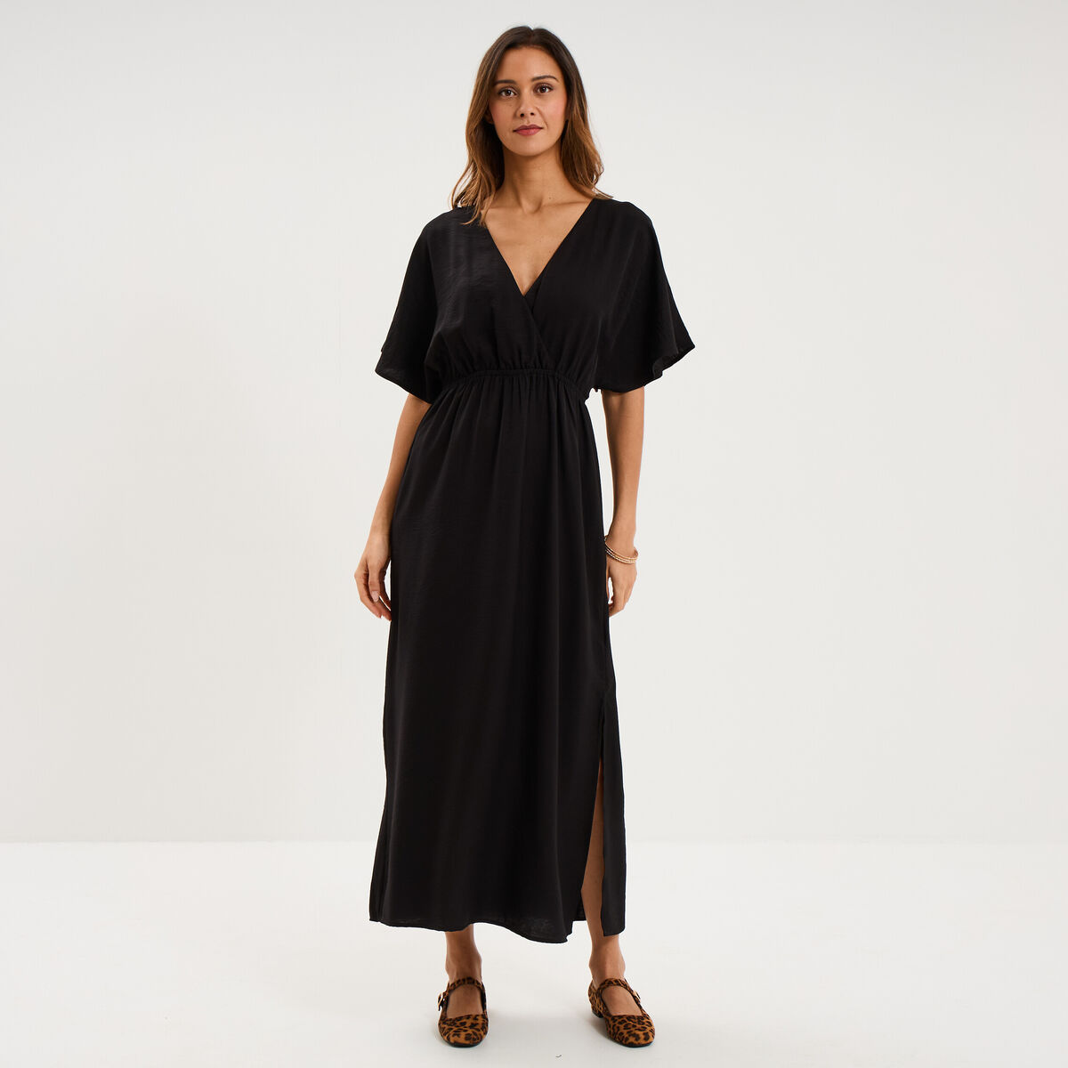 Robe longue &eacute;vas&eacute;e col cache-coeur noir femme