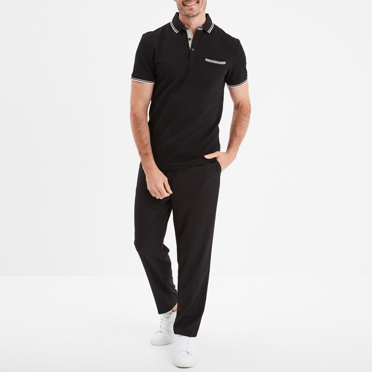 Polo piqu&eacute; manches courtes coton noir homme