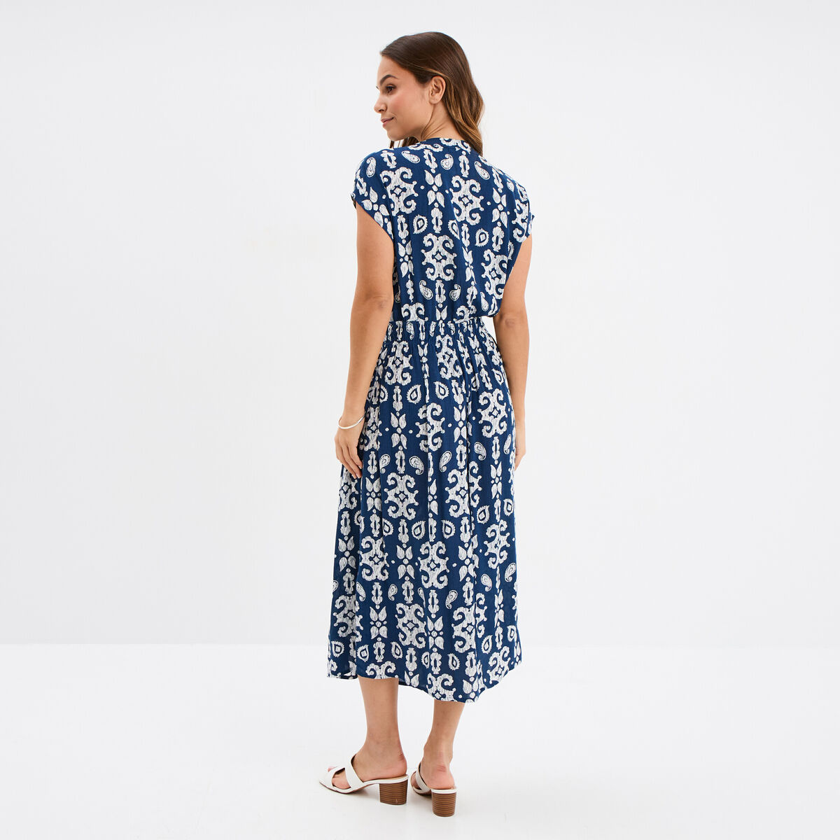 Robe midi crépon col tunisien bleu marine femme