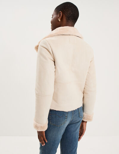 Veste col aviateur zipp&eacute;e doubl&eacute;e beige femme