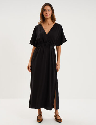 Robe longue col cache-coeur noir femme