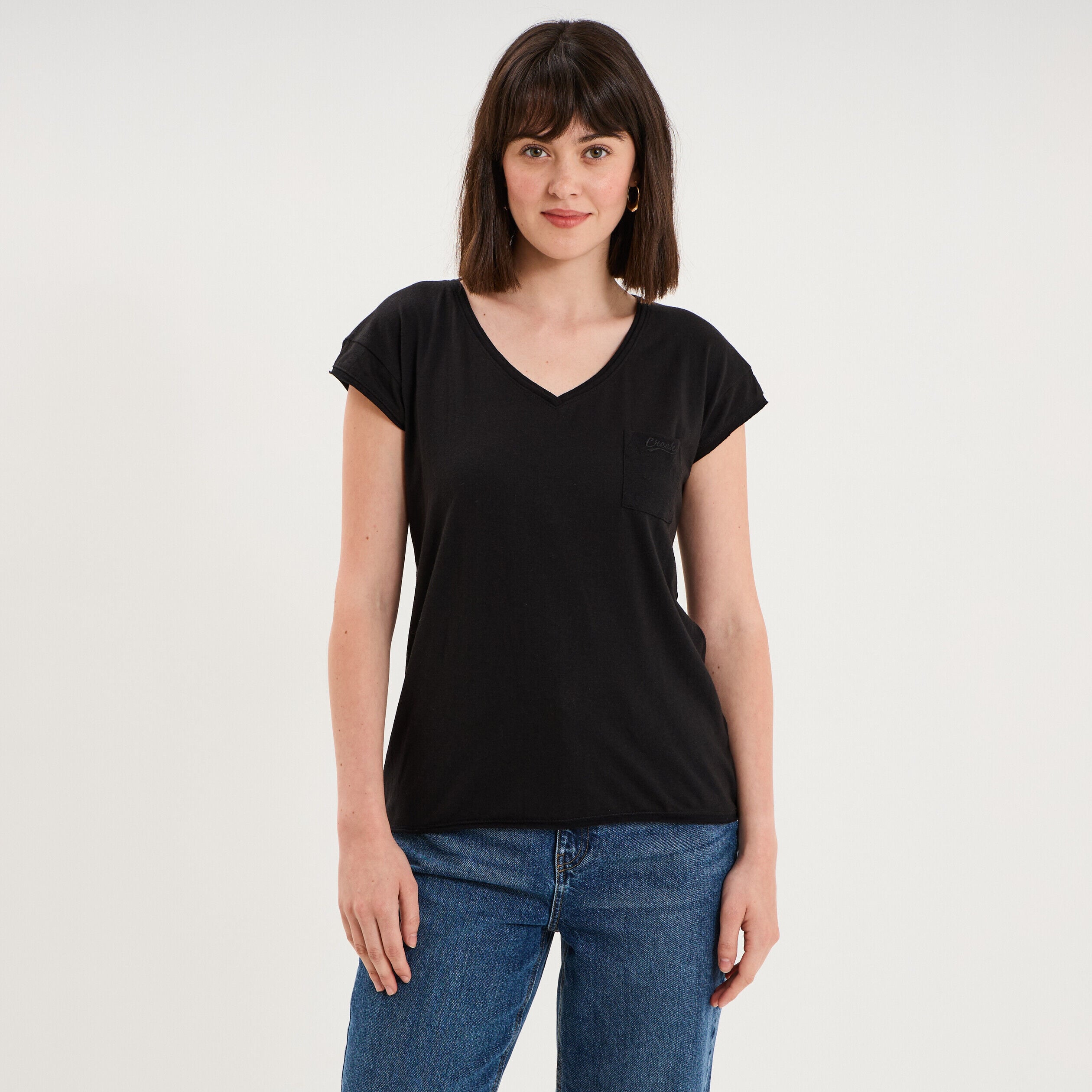 T-shirt col v poche poitrine noir femme CREEKS