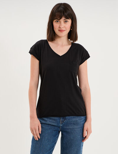 T-shirt col v poche poitrine noir femme