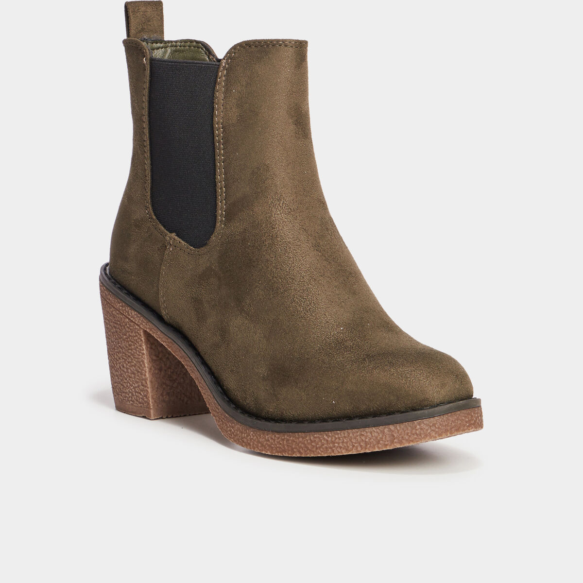 Bottines chelsea &agrave; talons aspect su&eacute;dine vert kaki femme